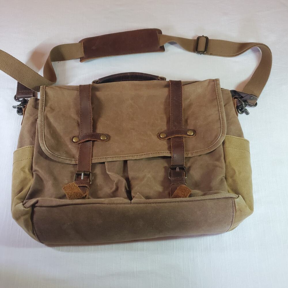 NEWHEY Men Canvas Leather Messenger Bag Laptop Shoulder Briefcase Satchel Brown
